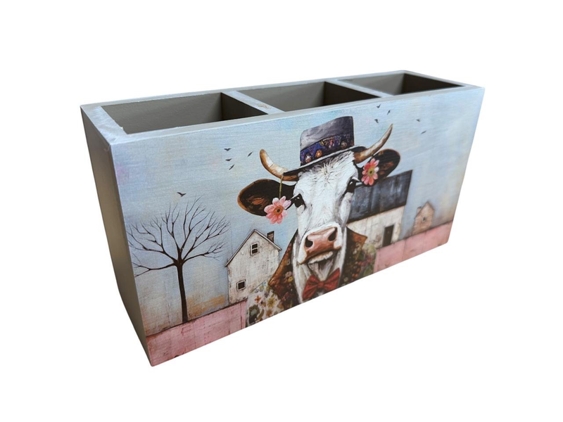 Cutlery/Stationary Holder - White Cow with Pink Earrings &amp; Hat