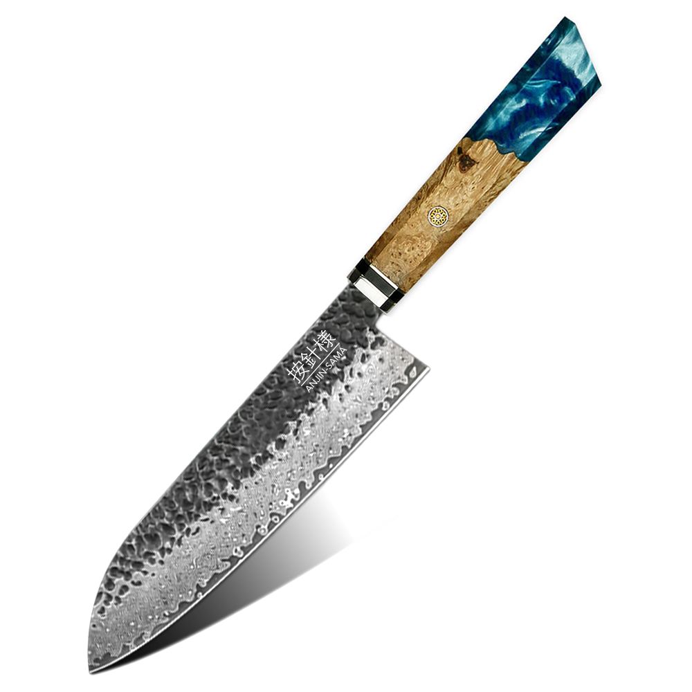 ANJIN-SAMA Santuko VG-10 Kurouchi Hammered Damascus Wood and Resin