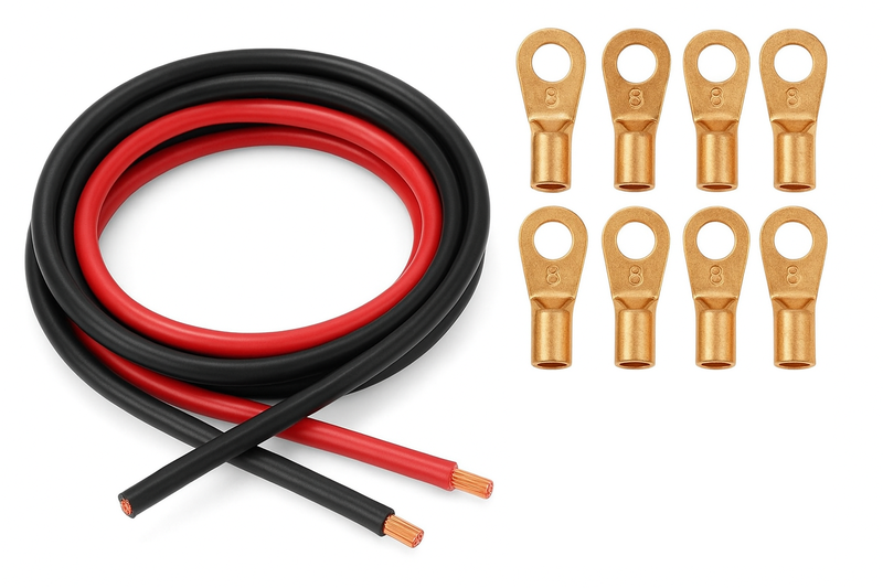 1m Red &amp; 1m Black 20mm Solar Battery Cable With 8 Lugs