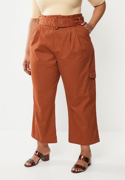 Women's Glamorous Plus High Waisted Belted Cargo Trouser - Rust