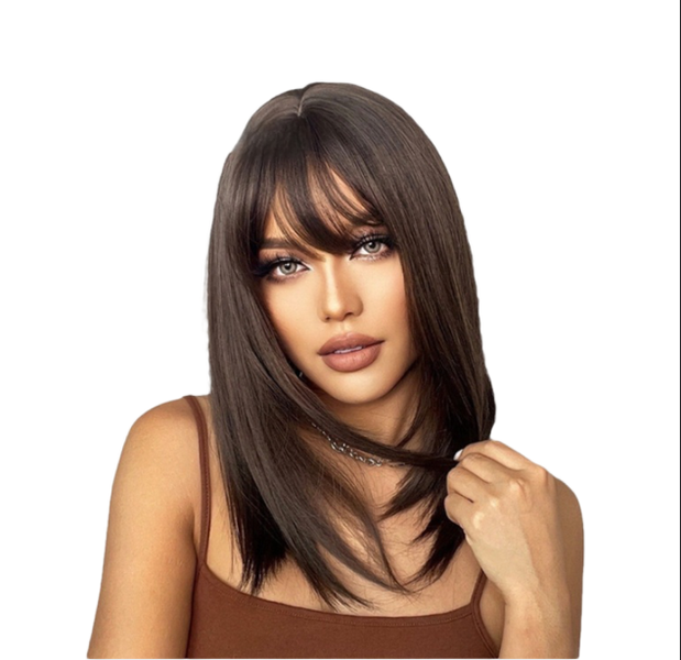 Medium-length Wig,Chocolate Brown Satin, Synthetic Fibre,Natural Appearance