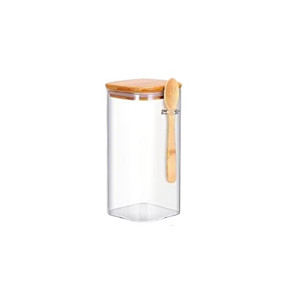 Clear Glass Storage Jars with Bamboo Lids &amp; Tea Spoons Set - 1400ml 4-Piece