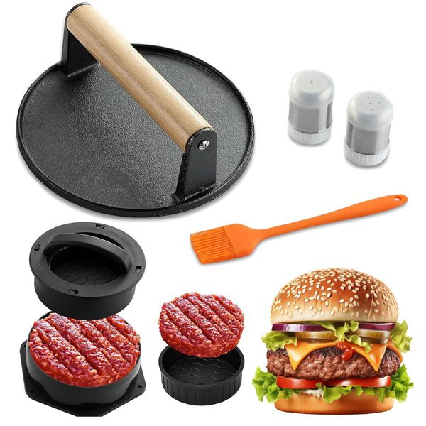 Burger Press Hamburger Patty Maker, Round Cast Iron Press for Griddle Grill