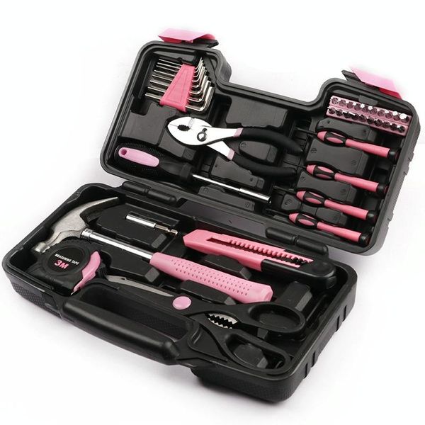BasicX Women's 39-Piece Pink Tool Set with Pliers, Hammer &amp; Tape Measure