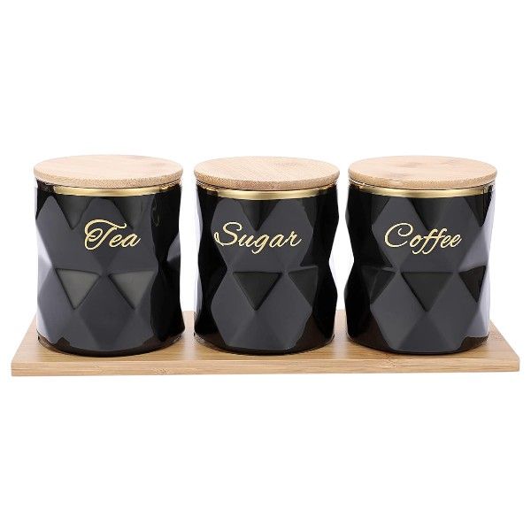 3-Piece Diamond Design Porcelain Canisters With Tray - Black