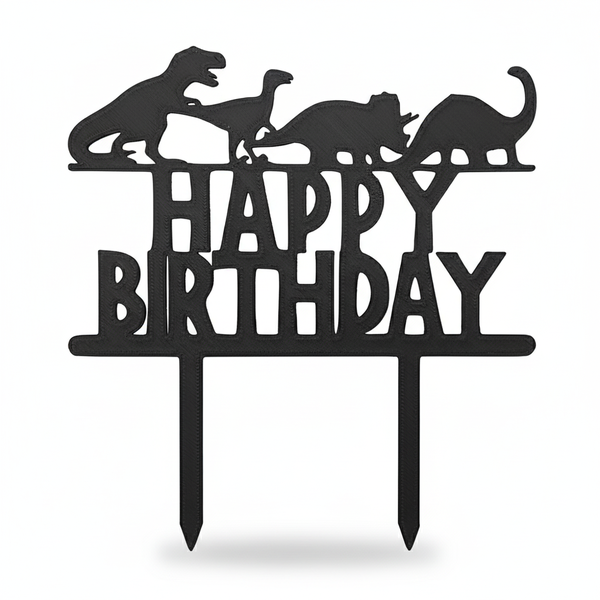 Dinosaur Happy Birthday Cake Topper - Black - 3D Printed Party Decoration