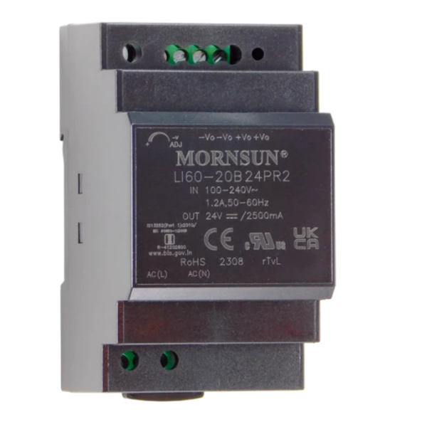 LI60-20B24PR2: 60W 24V/2.5A DIN Rail AC/DC Power Supply, 4KV Isolation