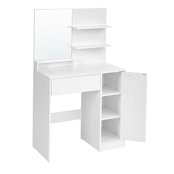 White Vanity Table - Mirror, Drawer &amp; Shelves, Modern Makeup Desk
