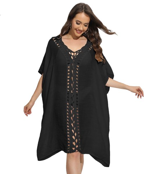 Women's Loose Fit Bathing Suit Cover Up - Lace Crochet V-Neck Beach Dress