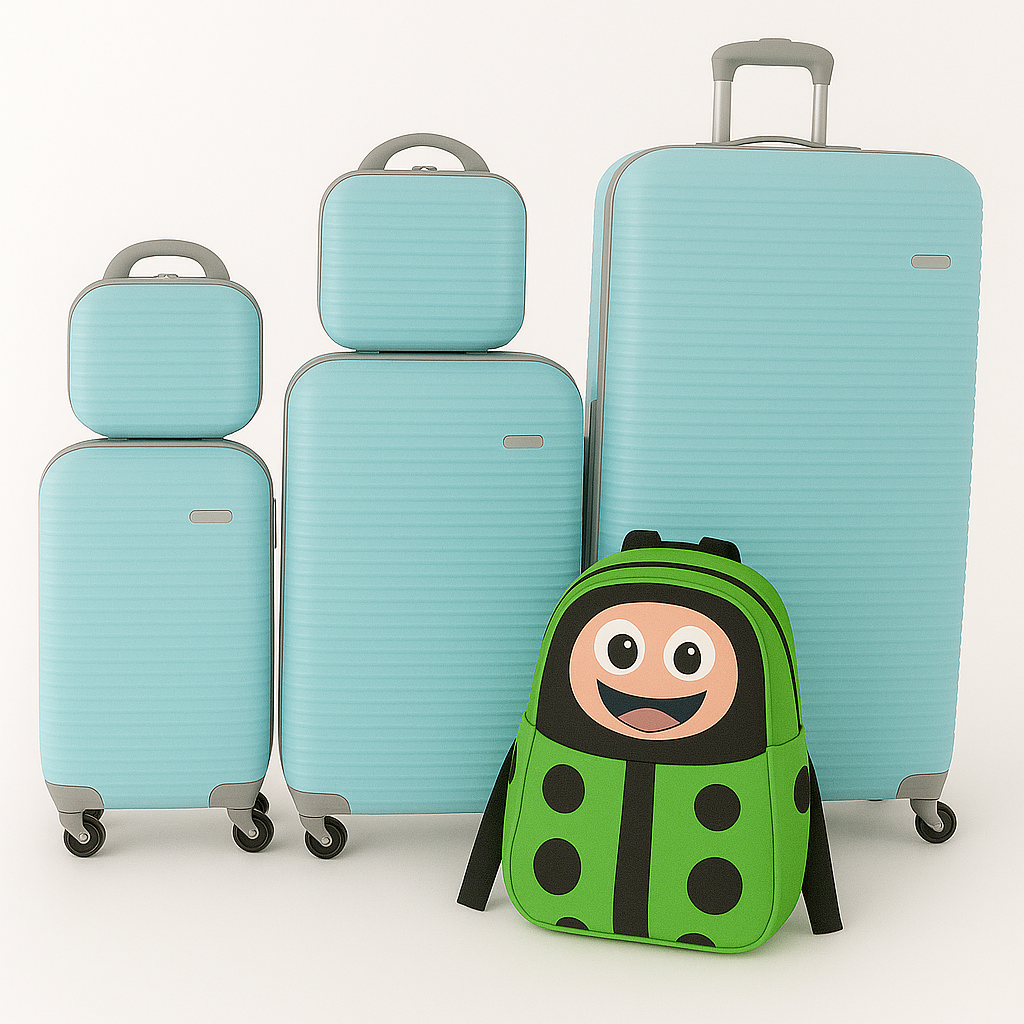5-Piece Light Green Family Luggage Set with Kids' Ladybug Backpack