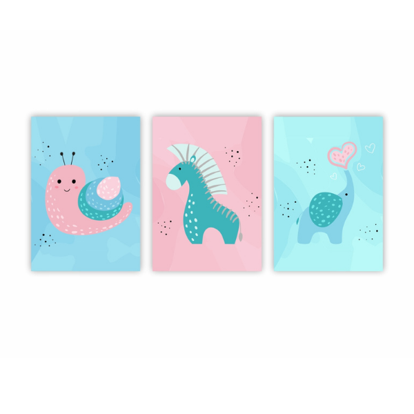 Baby Room Wall Art - Cute Pastel Watercolour Snail &amp; friends - Set of 3