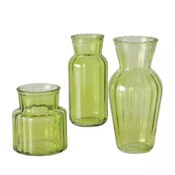 3-Piece Ribbed Transparent Glass Vase Set - Green
