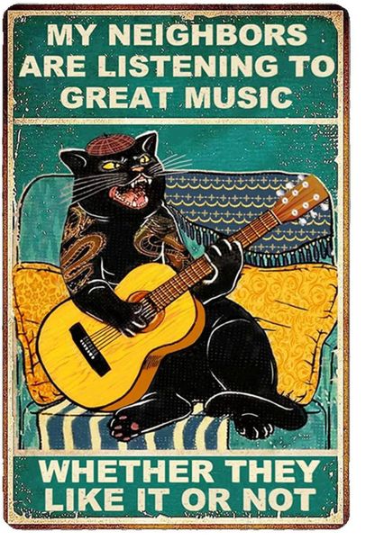 8x12" Cat Guitar Tin Sign, Vintage Music Decor for Bar Garage Man Cave