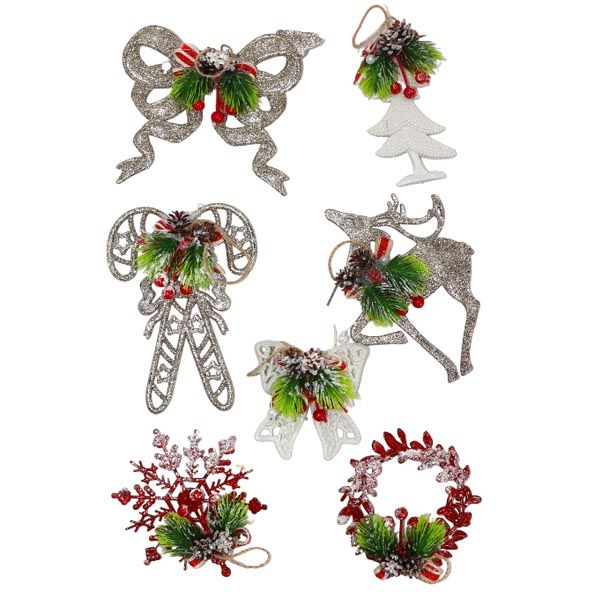 7Pcs Christmas Tree Hanging Ornaments - Red / White And Silver Mixed Set B