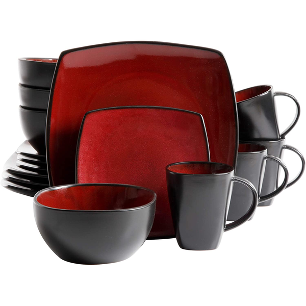 Square Ceramic Dinner Set - Red - 16 Pieces