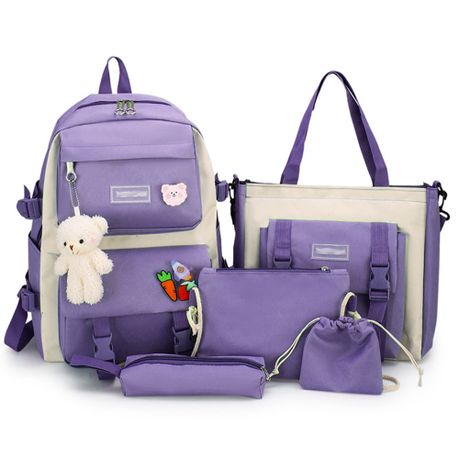 Cute Students Backpack Combo Kit Canvas Backpacks Large Capacity 5 Piece Purple