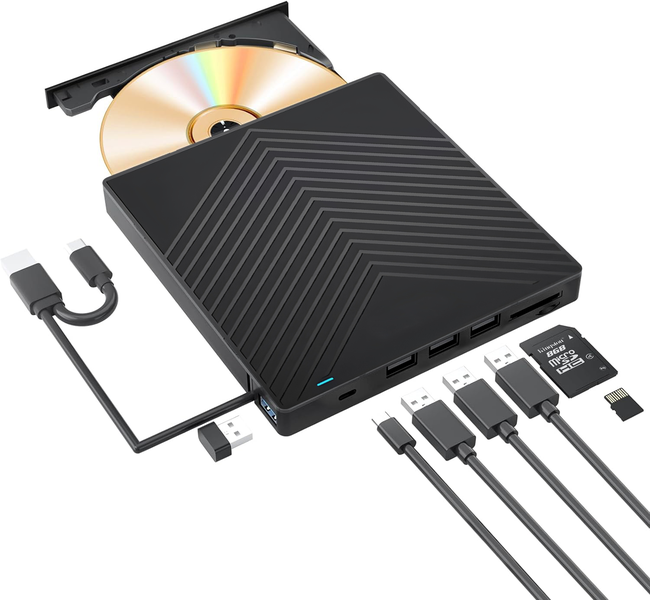 8-In-1 Multi-Function External CD &amp; DVD Drive With USB 3.0 &amp; Type-C Ports