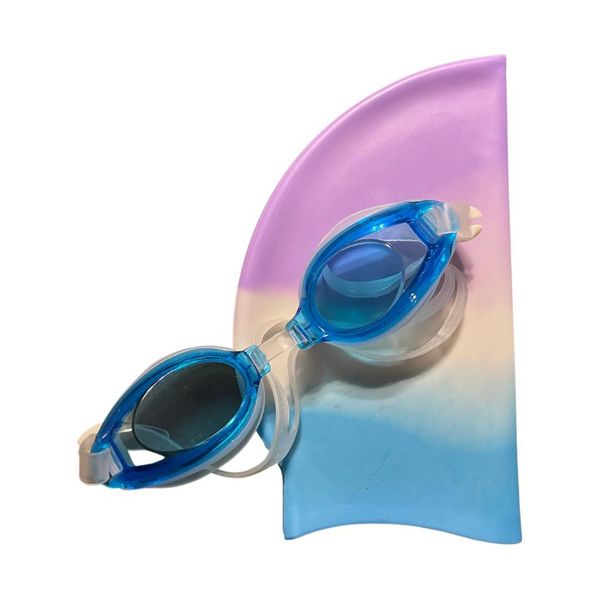 Swimming Cap with Goggles- Blue, white and purple