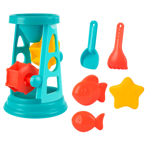 Kids Beach Play Set with Sand Wheel, Shovel, Rake &amp; Moulds - Multicolour