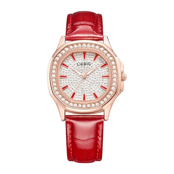 Ladies Crystal Watch Red Leather Strap, Rose Gold Case Luminous Hands