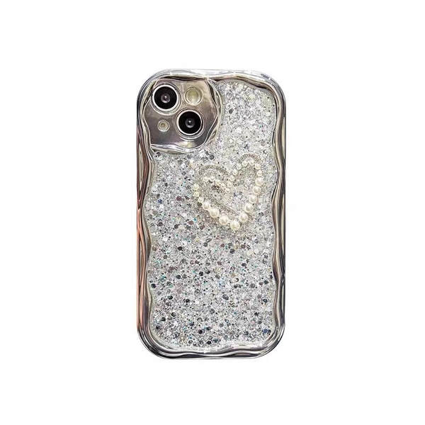 3D Pearl Heart Silver Glitter Phone Case for iPhone 11~iPhone 15 Pro Maxro
