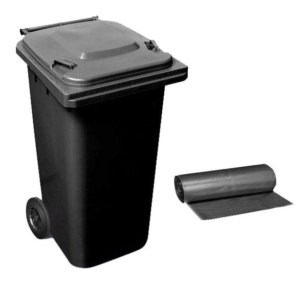 240L SABS Approved Wheelie Plastic Waste Bin - Black &amp; 10 Pack Refuse Bags