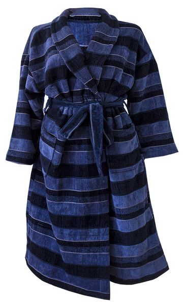 Bunty's Shawl Collar Stripes Velvet Bathrobe (One Size Fits All) - Navy/Black
