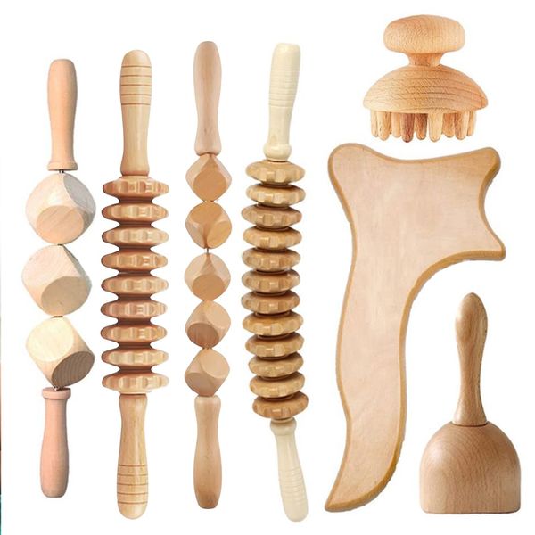 7 pcs Anti Cellulite Massage Set, Wooden Roller Lymphatic Drainage Tool