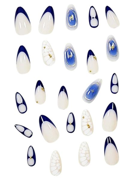 Blue Tipped Artificial Press-On Nail - White with Gold Accents