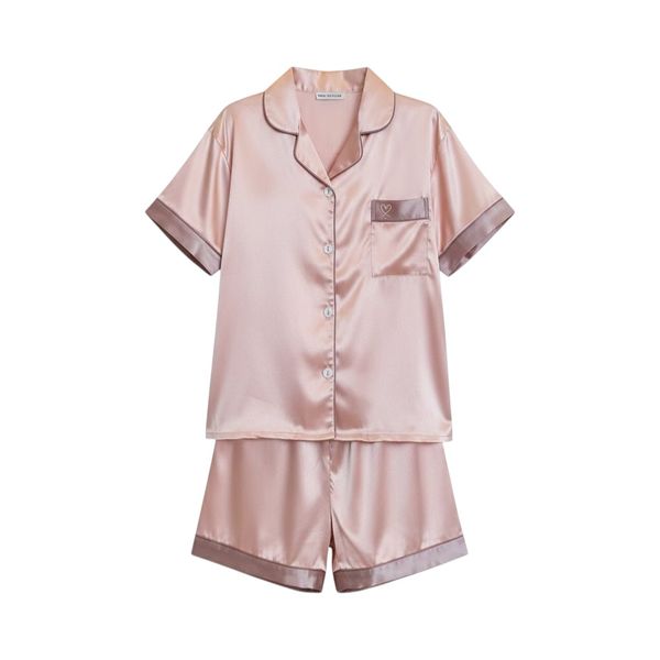 Elegant Satin Silk Button-Down Pajama Set with Contrast Trim - Pink