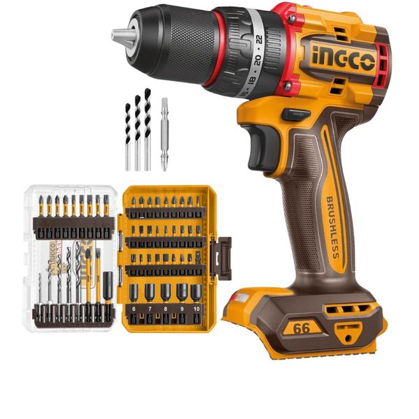 Ingco - Cordless Impact Drill 66Nm (Drill Only) &amp; 49Pce Screwdriver Bit Set