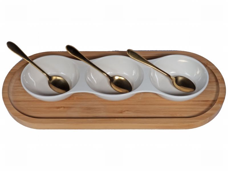 Bamboo Tapas Board With A 3 Division White Dish And 3 Spoons