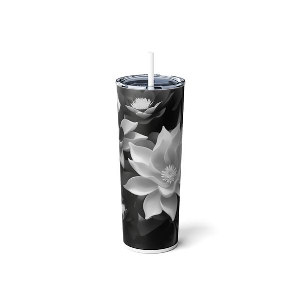 Black &amp; White Flowers 600ml Tumbler