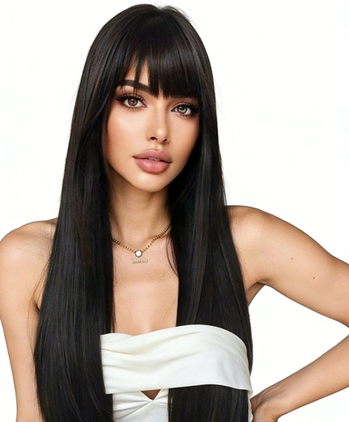 Long Straight Fringe Wig-Compatibility with Daily, Natural Black, 1 Piece