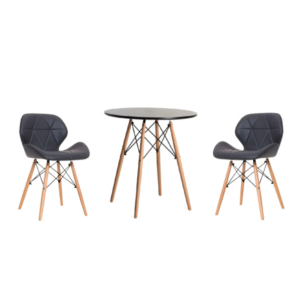Wooden Round Dining Table with 2 Soft Padded PU Leather Chairs - Grey
