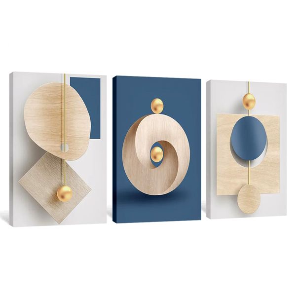 Canvas Art - Abstract 3 Piece Blue White Poster Canvas Print Wall Art Decor