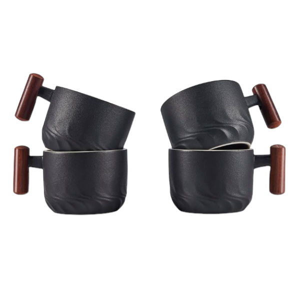 4 Piece Mini Matte Ceramic Mugs with Wooden Handle - Black