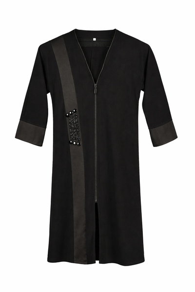 Girls Plain Black Ankle Length Abaya with Beaded Panel &amp; Front Zip Closure