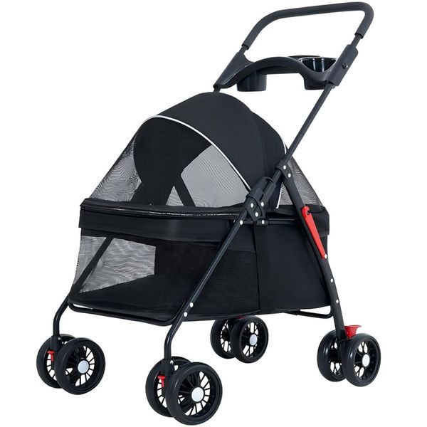 Foldable small dog stroller with mesh cover, built-in storage compartment