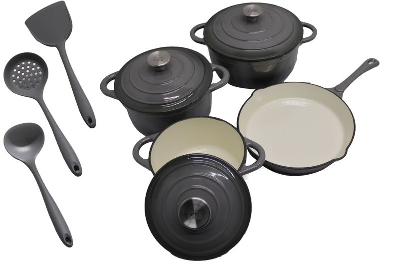LMA - 7-Piece Cast-Iron Cookware Pots &amp; 3 Silicone Kitchen Utensils Set