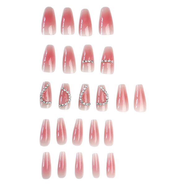 24pcs Press-On Nails With Glossy Finish And Heart Rhinestone Accent - Pink