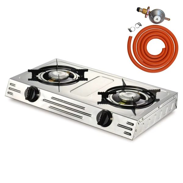 FlameMaster 2-Burner Stainless Steel Gas Stove - Compact &amp; Durable Cooking