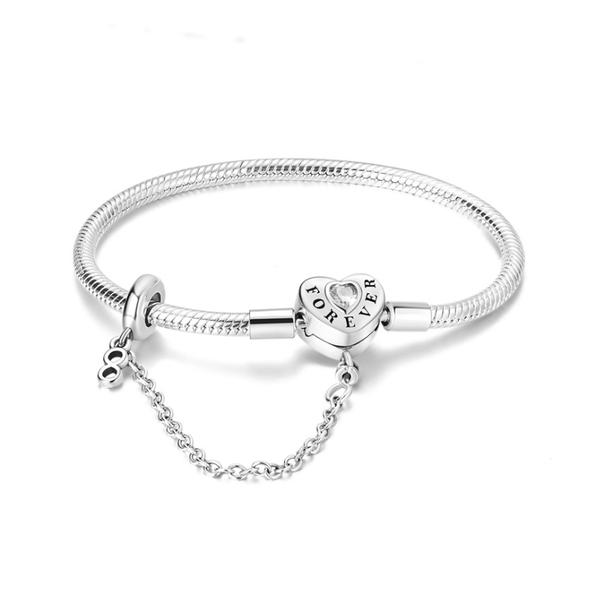 Forever Heart S925 Sterling Silver Charm Bracelet &amp; Infinity Safety Chain