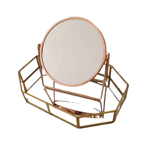 Rose gold Dual-side Mirror with Gold Mirror-base Tray Set