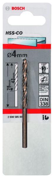 HSS-Co Metal Drill Bits, DIN 338 4 x 43 x 75 mm