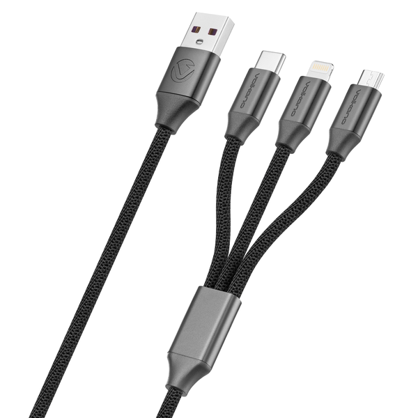 Volkano Weave Certified 60W 1m 3-in-1 USB/USB-C/Lightning Fast Charge Cable