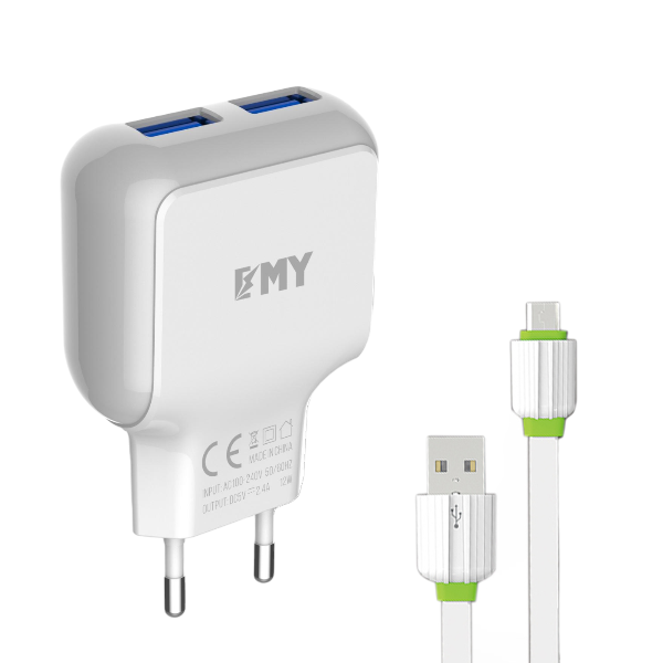 Emy -MY-220- Dual USB Port Fast Charging Adapter With Micro Cable - White