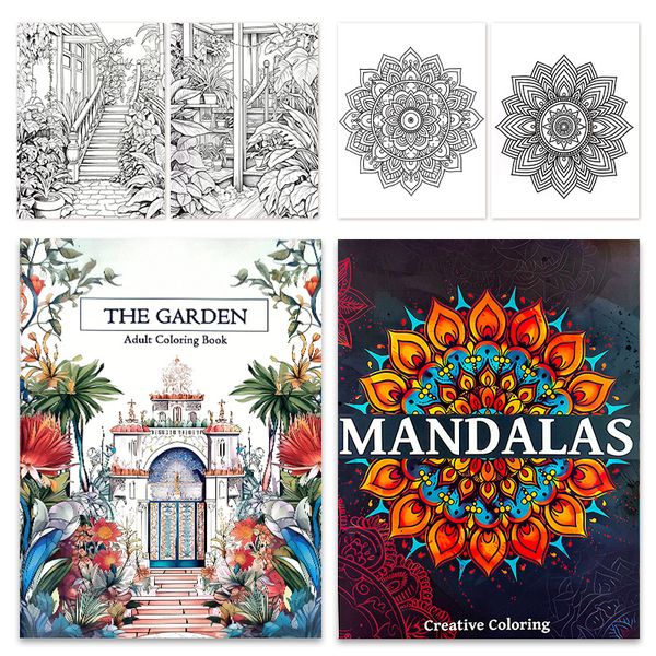 Adult Coloring Book: The Garden &amp; Mandala - 180g Thick Paper, Stress Relief
