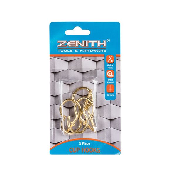 Bulk Pack x 10 Zenith Cup-Hooks Brass &amp; Plastic 40mm 5pcs Per Pack