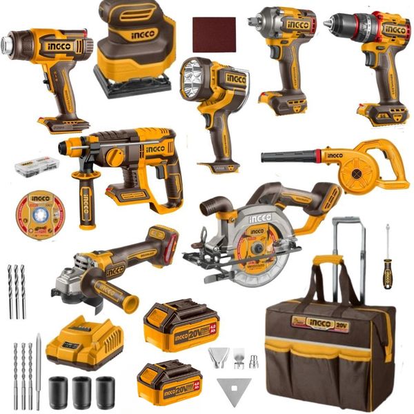 Ingco - Cordless 9 Piece Powertool Combo Kit - Batteries &amp; Charger